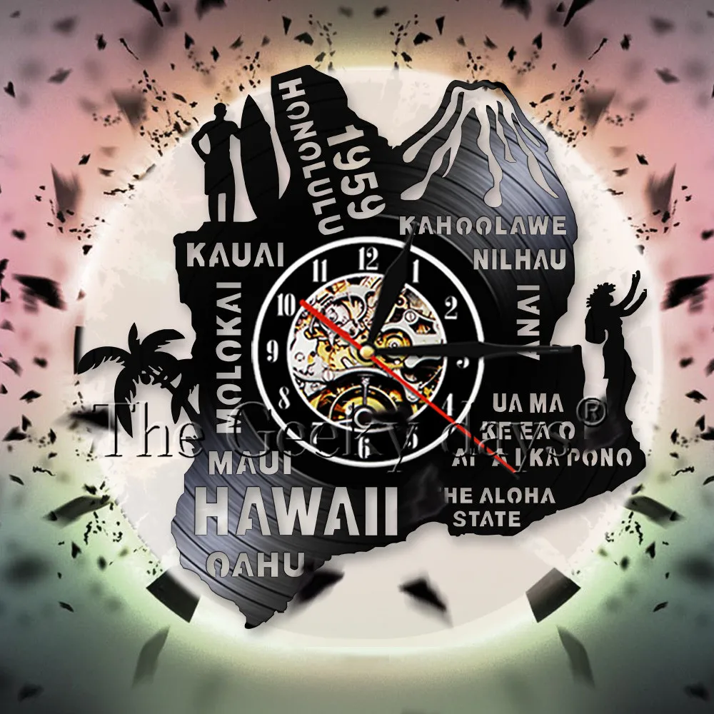The Aloha State Hawaii Wall Clock Palm Tree Surfing Hawaii Vinyl Record