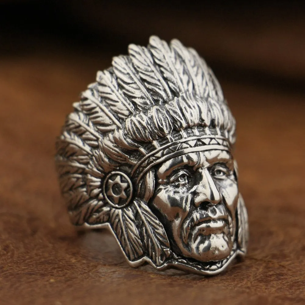 

LINSION 925 Sterling Silver Indian Chief Ring Mens Biker Rock Punk Ring TA89 US Size 7~15