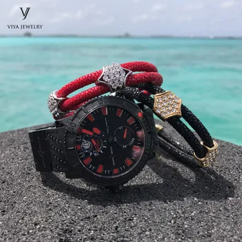 

2 Pcs Black&Red Stingray Leather Bracelets Set Customize Leather Cords Bracelets For Friend Best Luxury Friendship Gift With Box