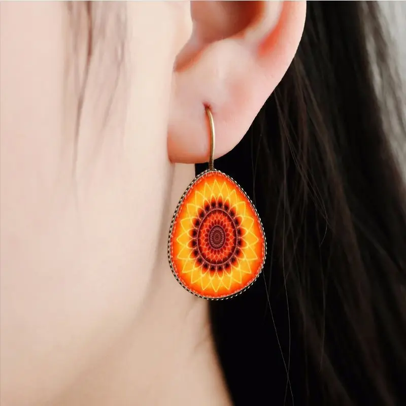 Vintage Long Earrings Retro Vintage Bohemian Print Hippie Boho Earrings Mandala Flower Glass Stud Earrings Water Drop Ear Hook