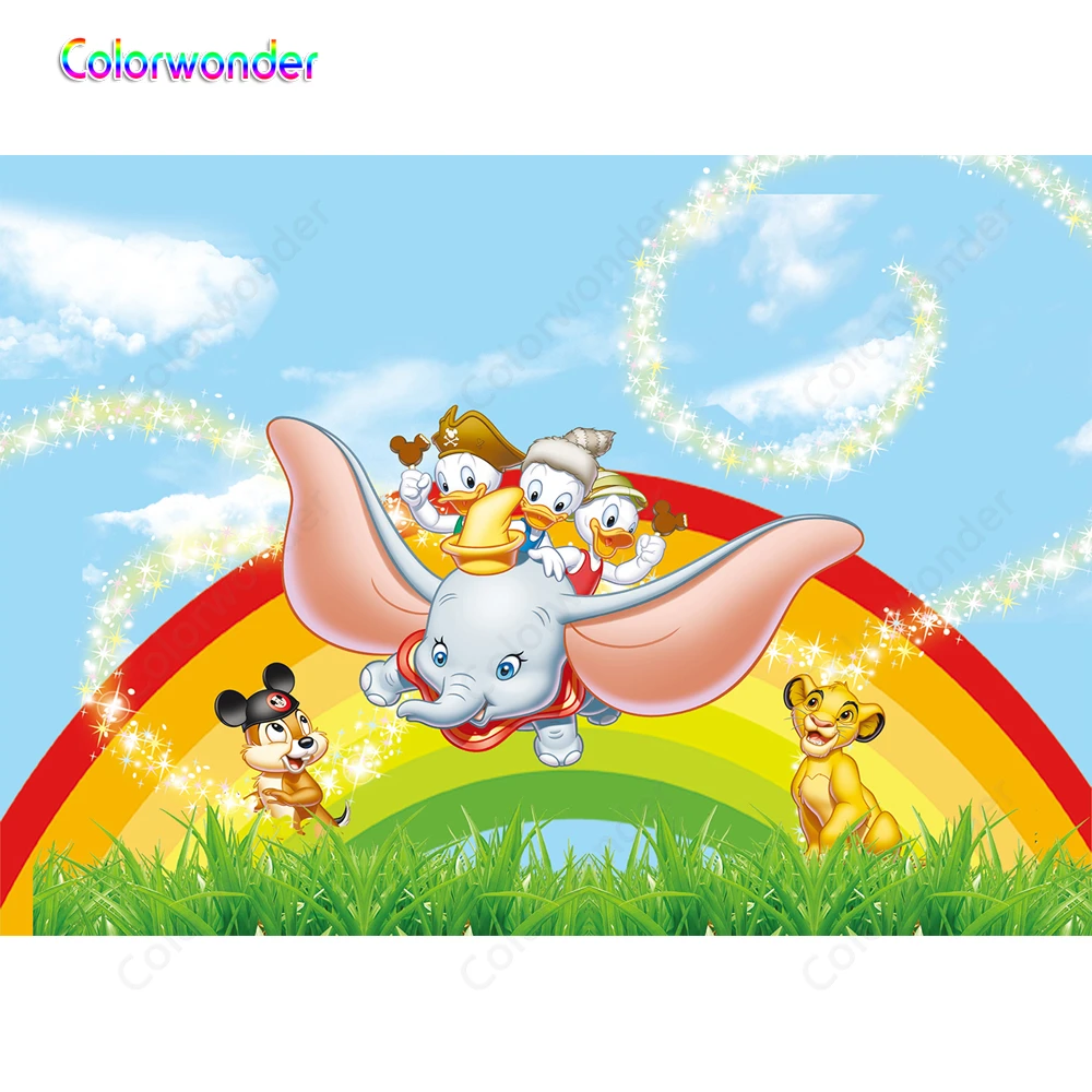 Fondo De Fotografia Colorwonder Dumbo Con Patos De Bebe 5x7 Pies Leon Para Bebe Y Ardilla Colorido Arco Iris De Dibujos Animados Fondo Sin Costura Fondo Aliexpress