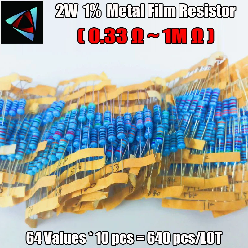 Kit surtido de resistencias de película metálica 2W 1% 0.33R-1M,64valuesX10 Uds = 640 Uds.