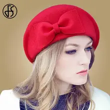 FS австралийская шерстяная фетровая шляпа женская элегантная красная черная верблюжья шляпа с бантом Французский Берет женские зимние шапки стюардессы в британском стиле