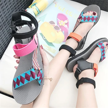 

Vogue Lace Up Flat Sandals Women Colorful Patchwork Women Sandals Hook & Loop Summer Beach Sandals Flip Flops Women SWC0287
