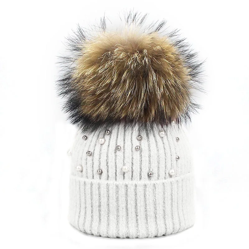 New Wool Beanies Women Real Natural Fur Pom Poms Fashion Pearl Knitted Hat Girls Female Beanie Cap Pompom Winter Hats for Women - Цвет: D