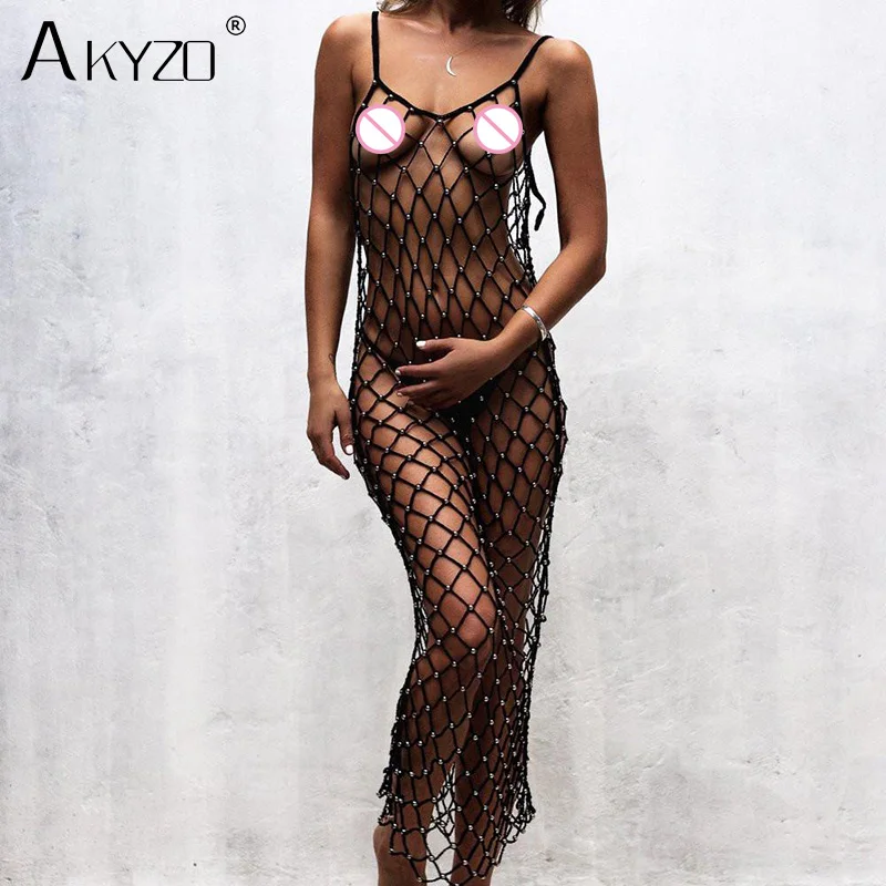 

AKYZO Women Hollow Out Long Dress Sexy Crochet Fishnet Pearl Beading Handmade Smock Beach Dress