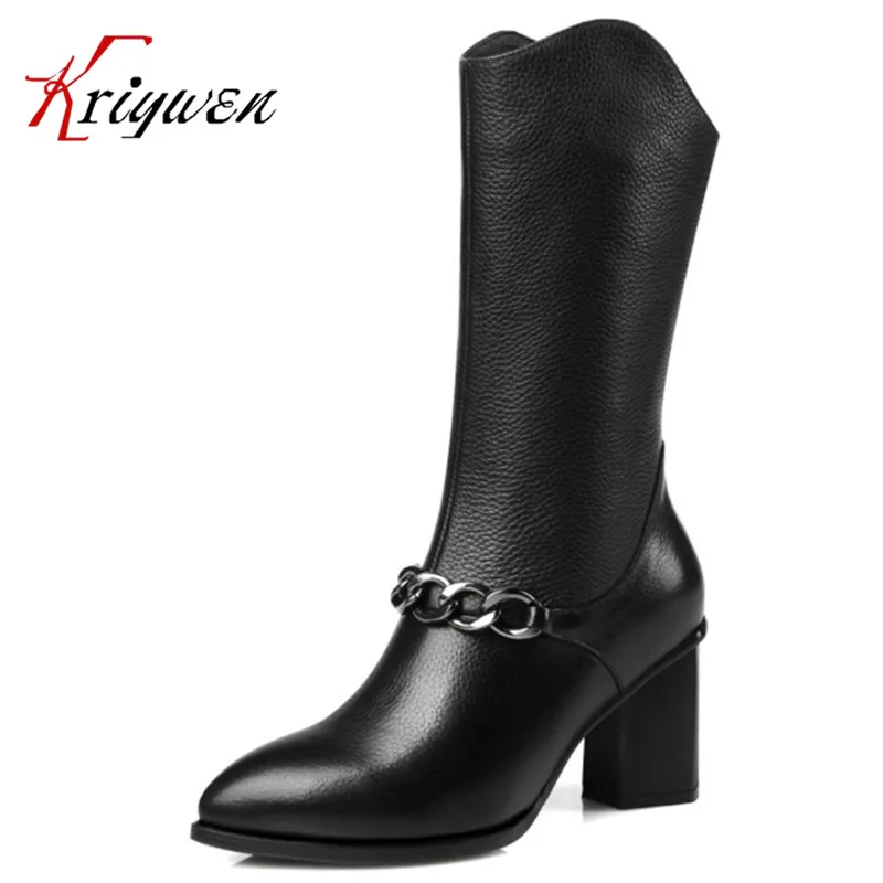 

2017 winter women real genuine leather mid-calf boots fashion snow boots feminina brand footwear chains work office lady shoes