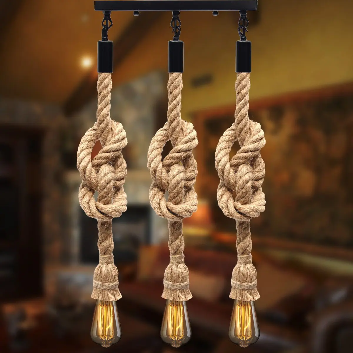 Retro Three Hemp Rope Pendant Lamp Hanging Light Fixture Easy Install