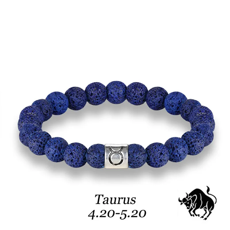 Новые 12 знаков зодиака 8 мм бусины браслеты ручной работы Винтаж голубой камень лавы эластичный браслет из бусин ювелирные изделия для мужчин и женщин ювелирные изделия - Окраска металла: Taurus