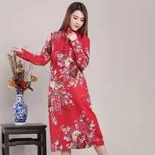 Chinese Style Vintage Flower Bird Print Women Long Dress Cotton Linen Plus Size Autumn Dress Loose Casual Robe Femme