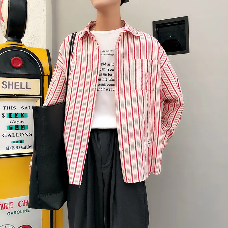

2018 Korean Autumn Newest Fashion Tide Men's Stripe Turn-down Collar Loose Casual Red/Navy Blue Color Long Sleeve Shirts M-2XL