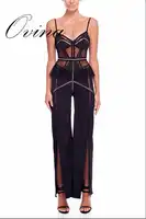 High Quality Black Strap V Neck Straight Full Length Patchwork Slitted Rayon Bandage Women Jumpsuit
