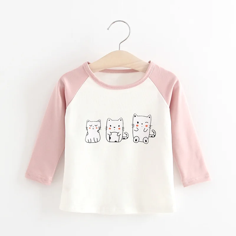VIMIKID/коллекция года, весенне-осенняя футболка для маленьких девочек Милая футболка с длинными рукавами и круглым вырезом и рисунком кота детская одежда - Цвет: Розовый