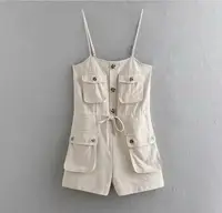 2019 Safari Style Spaghetti Strap Jumpsuit Women Open Button Lacing up Bow Waist Short Pants Romper Cotton Linen Playsuits - Image 4