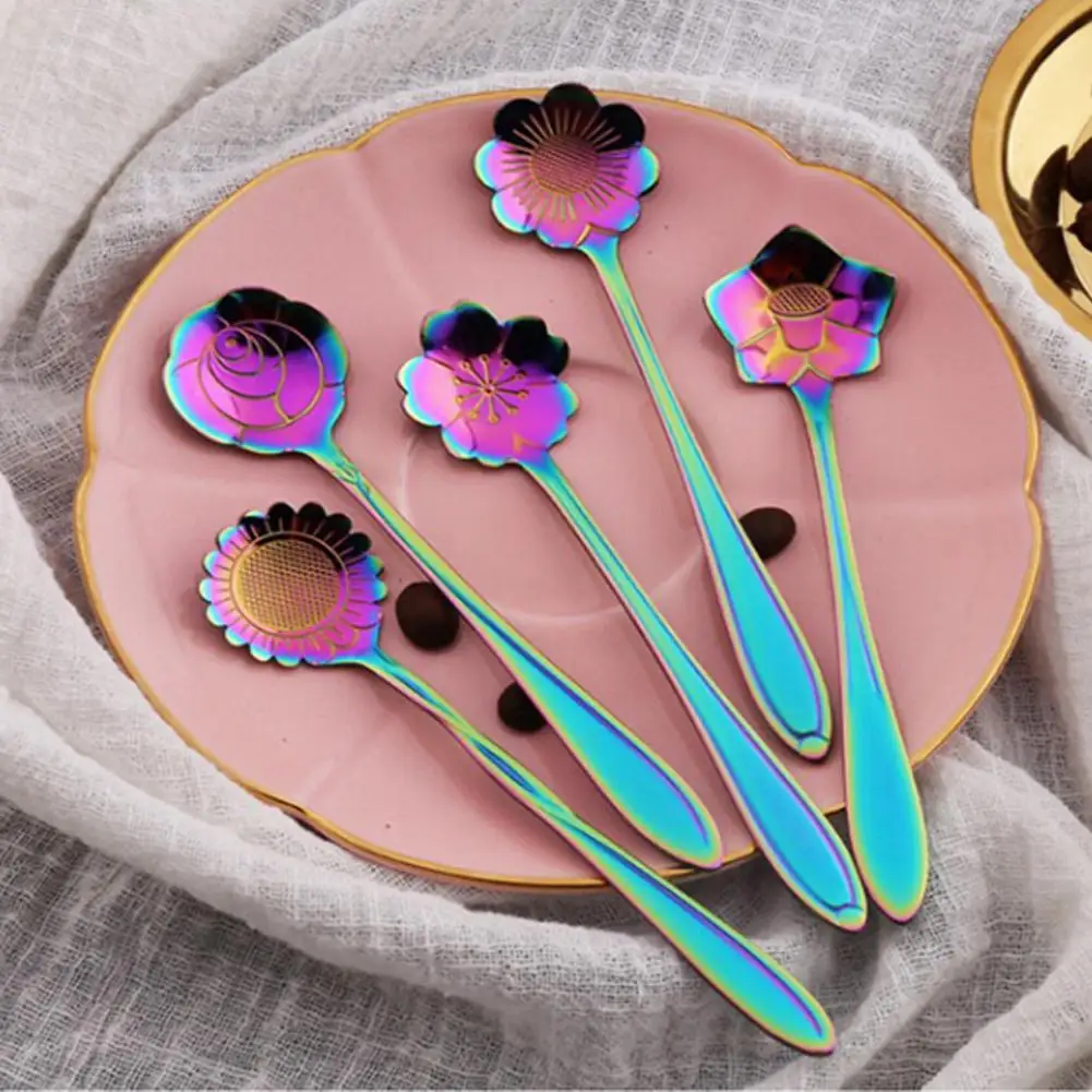 Waasoscon 8pcs/lot Colorful Rainbow Gold Plated Flower Shaped Coffee Spoon Set utensilio de cozinha cozinha Coffeeware Tools