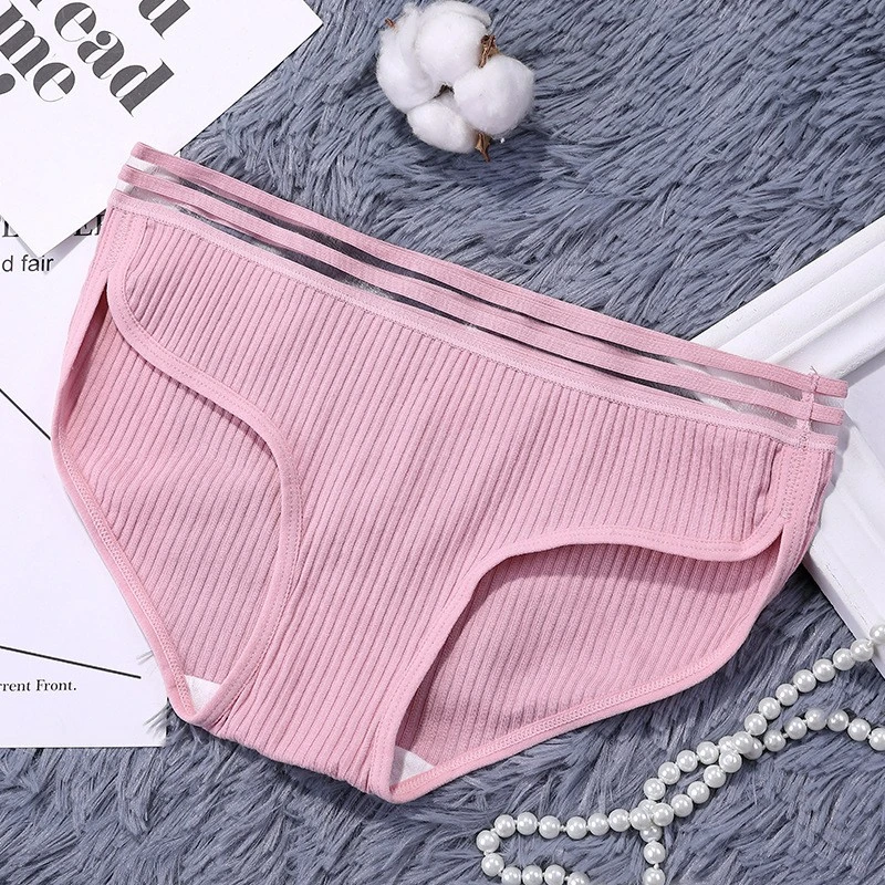 

DERUILADY Fashion Panties Mid Rise Screw Thread Brief Splice Solid Breathable Pantie Women Striped Sexy Lingerie Underwear Women