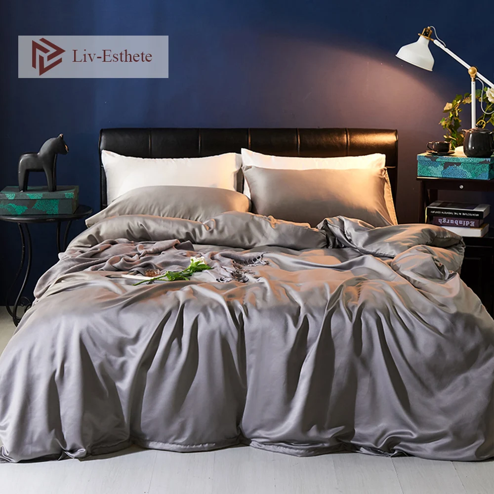 

Liv-Esthete 100% Silk Silver Gray Luxury Bedding Set Duvet Cover Bed Linen Double Queen King Bed Set For Adult Dropshipping