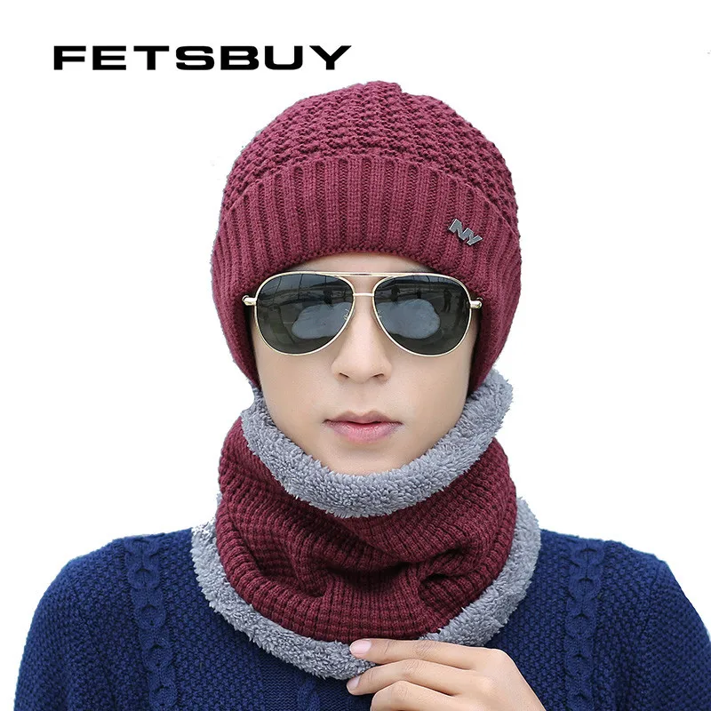 FETSBUY зимняя шапочка-шарф skullies beanies oft Skull теплая мешковатая шапка маска Gorros зимние шапки для мужчин и женщин вязаная шапка - Цвет: 19014A 03RED