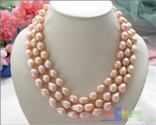 

Free shipping hot sale Women Bridal Wedding Jewelry >>3row 16mm pink drop baroque freshwater pearl necklace shell flower