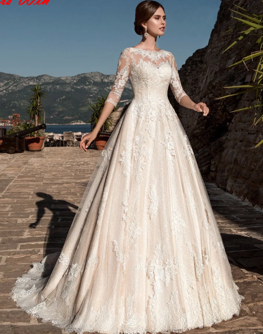 

Vestidos de Novia A-Line Lace Wedding Dress Scoop 3/4 Sleeves Vestido de Noiva Renda 2019 Robe de Mariage Court Train Brautkleid