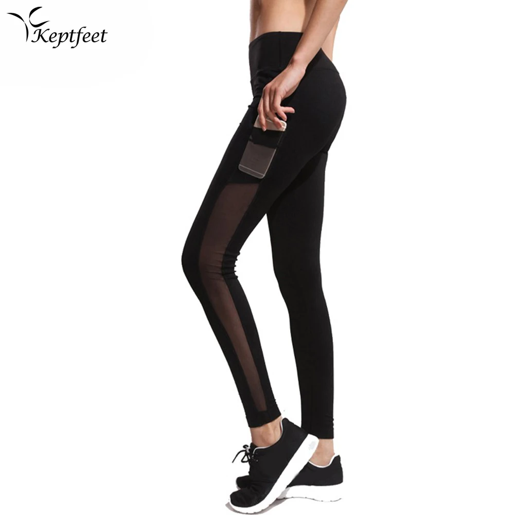 Black Sports Yoga Pants Women Elastic Running Leggins Mesh Side Pocket