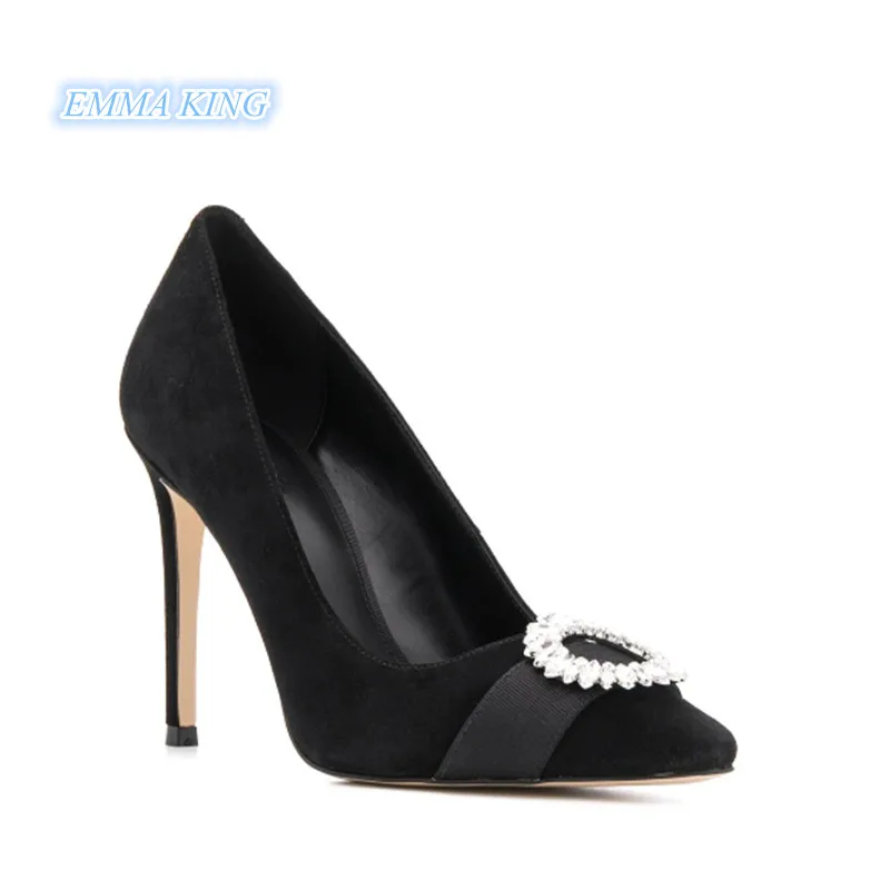 Black Suede Rhinestones Embellished Classic Women Pumps Pointed Toe High Heel Ladies Shoes Shallow Woman Stilettos Slip-On Pumps