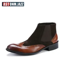 Мужская обувь с перфорацией типа «броги»; кожаные ботинки «Челси» с натуральным лицевым покрытием; мужские ботильоны с круглым носком; зимняя обувь; европейские размеры 45; US 6-11