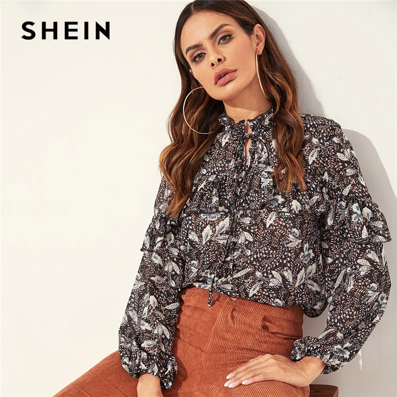 SHEIN Bohemian Multicolor Tie Neck Ruffle Trim Floral Plants Print Top ...