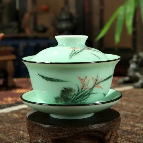 [GRANDNESS] набор фарфоровых чайных чашек Longquan Gaiwan ручная роспись цветочный Sancai чайный стакан 170 мл - Цвет: Orchid