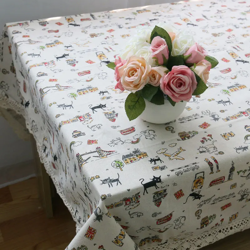 Cat Pattern Decorative Table Cloth Cotton Linen Lace Tablecloth Dining Table Cover For Kitchen