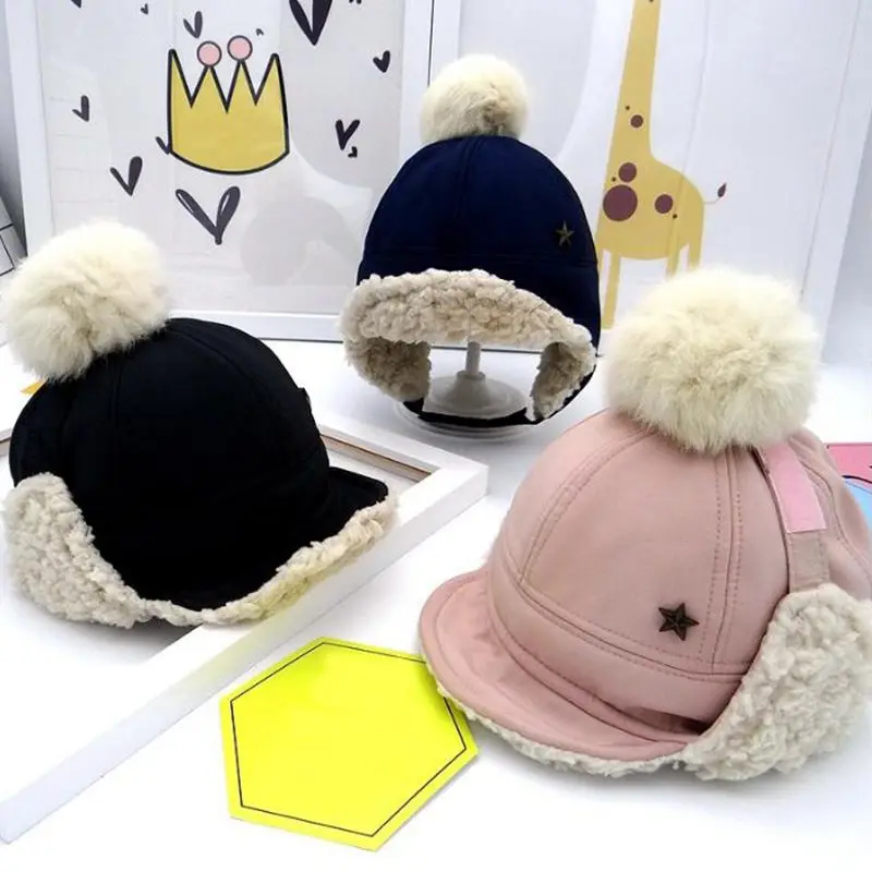 

Kids Plush Baseball Cap Cute Fur Ball Pompoms Baby Hat Winter Warm Sun Caps
