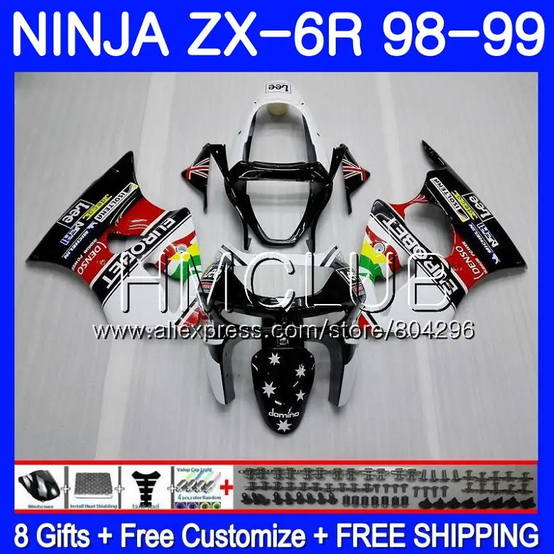 

Body For KAWASAKI NINJA ZX-636 ZX600 ZX-6R 98 99 97HM.12 600CC ZX636 ZX6R 98 99 ZX 636 6 R ZX 6R Black white 1998 1999 Fairing