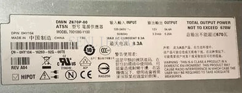 

Free shipping 100% working power supply For PE1950 HY105 670W UX459 7001080-Y00 power supply ,Fully tested.