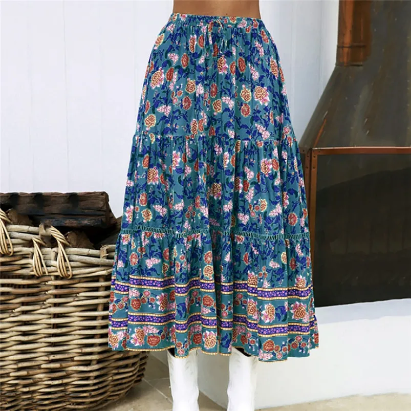 Женская богемная юбка средней длины с принтом трапециевидная длинная