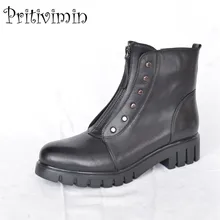 Г. зимние женские теплые короткие ботильоны с подкладкой женская обувь из натуральной кожи на толстом низком каблуке Осенняя обувь Pritivimin FN47