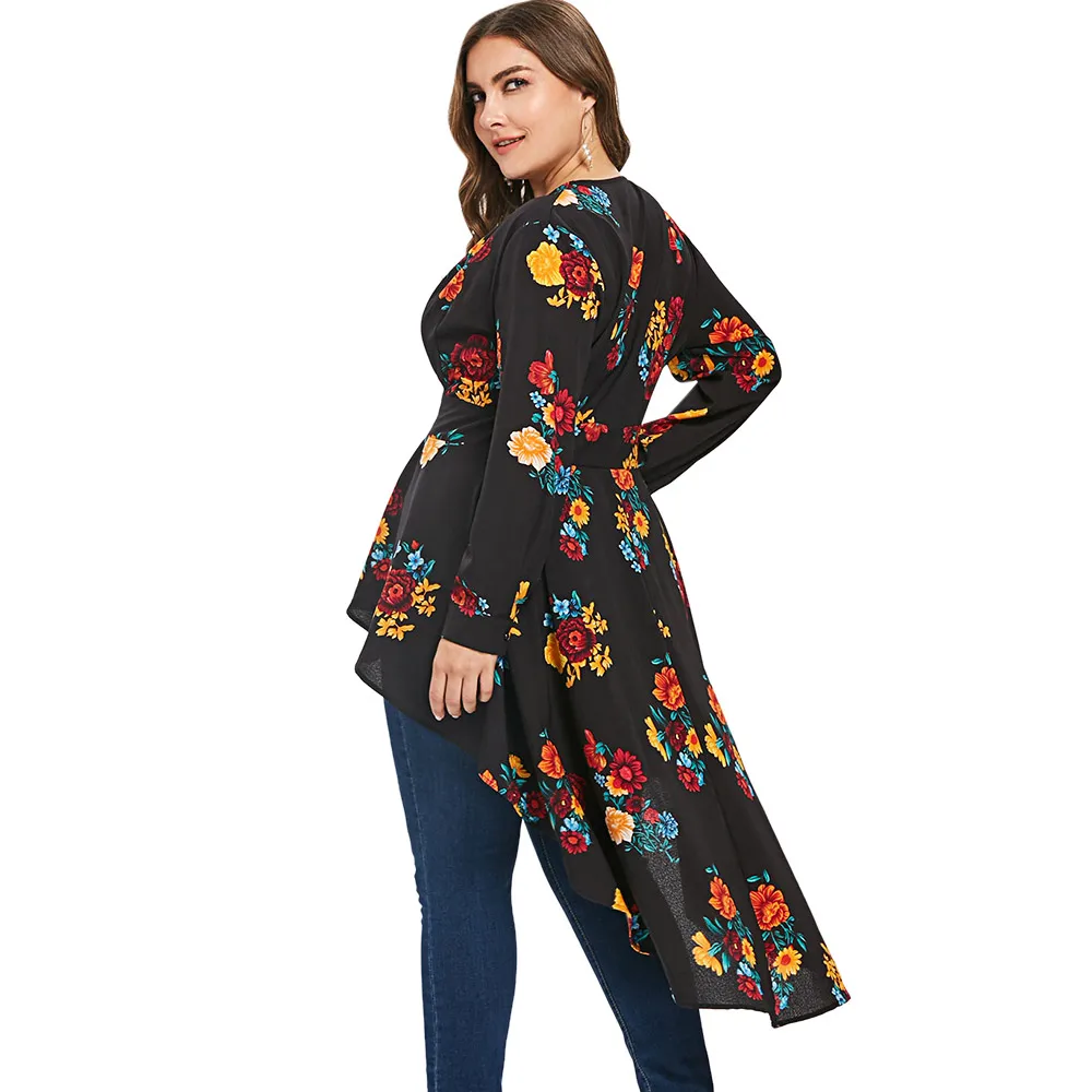 AZULINA Plus Size Sexy V Neck High Low Floral Maxi Blouse Autumn Long Sleeve Asymmetrical Blouses Casual Shirt Women Tops Blusas