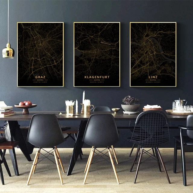 

Graz Linz Vienna Austria City Map Gold Map Canvas Art Print Wall Pictures for Living Room No Frame