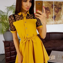 Женское платье в горошек кружевное лоскутное платье с отложным воротником летнее ТРАПЕЦИЕВИДНОЕ повседневное мини-платье с коротким рукавом