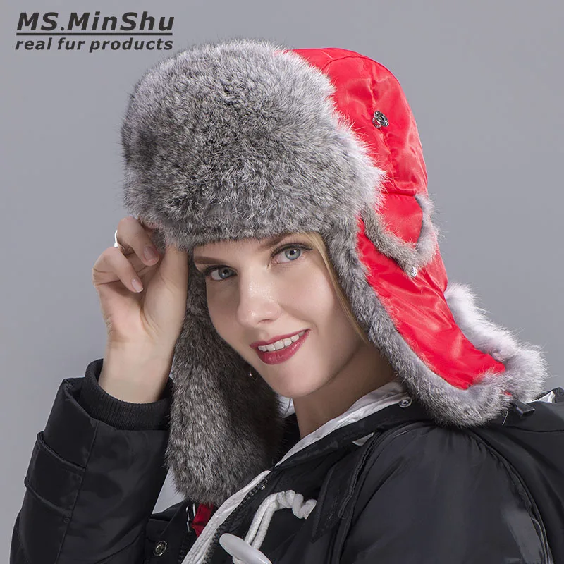 

MS.MinShu Natural Rabbit Fur Trapper Hat Russian Rabbit Fur Hat Skiing Cap Winter Warm Earflap Hat Genuine Rabbit Fur Bomber Hat