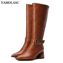 VAMOLASC Women Autumn Winter Leather Mid Calf Boots Pointed Toe Zipper Hoof Med Heel Boots Platform