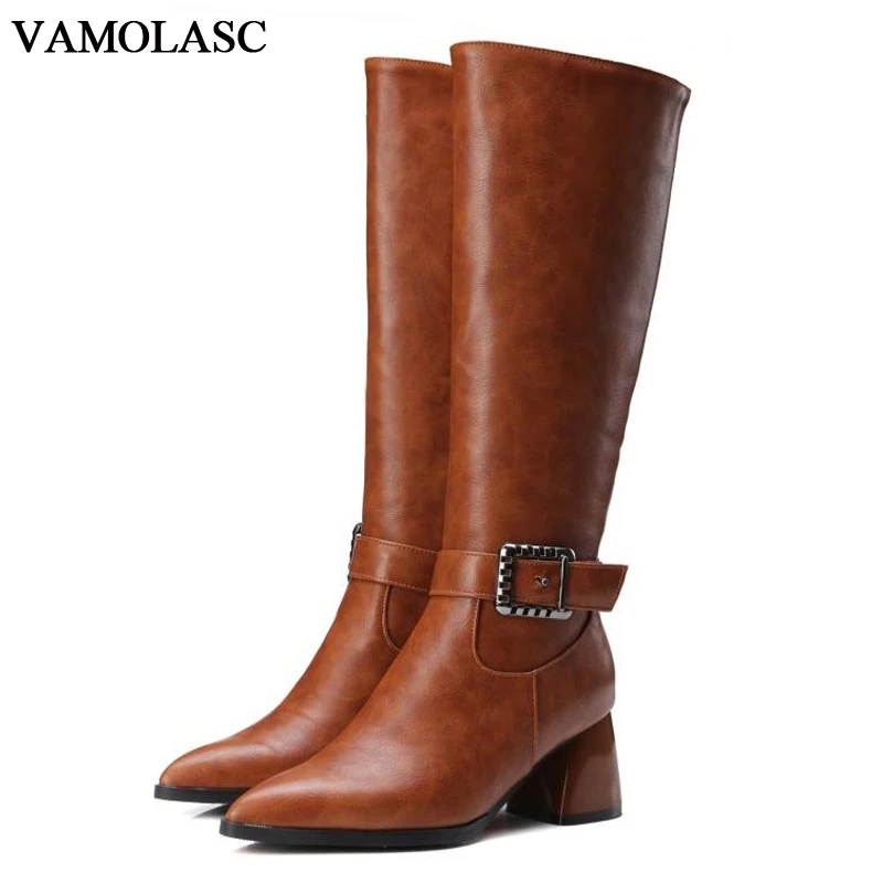 VAMOLASC font b Women b font Autumn Winter Leather Mid Calf Boots Pointed Toe Zipper Hoof