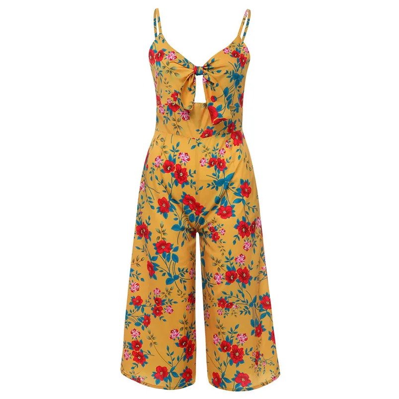 Womens V-Neck Camisole Backless Bow Floral Print Long Playsuit Ladies Jumpsuit macacao feminino combinaison R08 (4)
