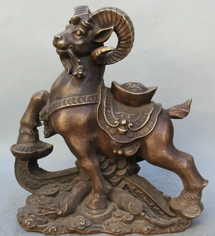 

S5661 16" China Bronze Ru Yi Wealth Auspicious Zodiac Year Sheep Goat sculpture Statue D0318