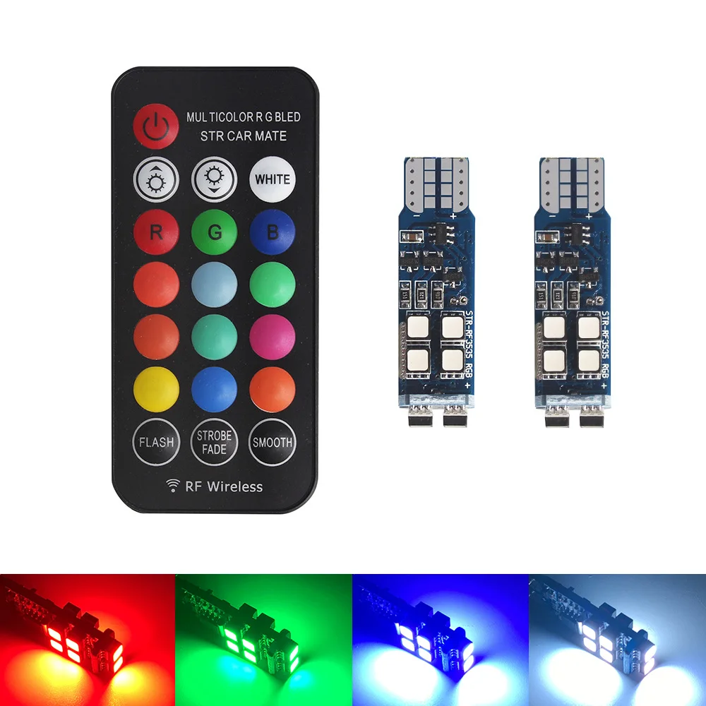 

2pcs T10 RGB 10 LED 12colors Car Auto Wedge Side Light Width Light Interior Reading Lamp Bulb With Remote Control DC12V