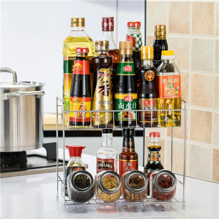 

2 Layers Stainless Steel Storage Rack Spice Condiment Basket Desk Organizer Kitchen Bathroom Storage Holder Rack Shelf