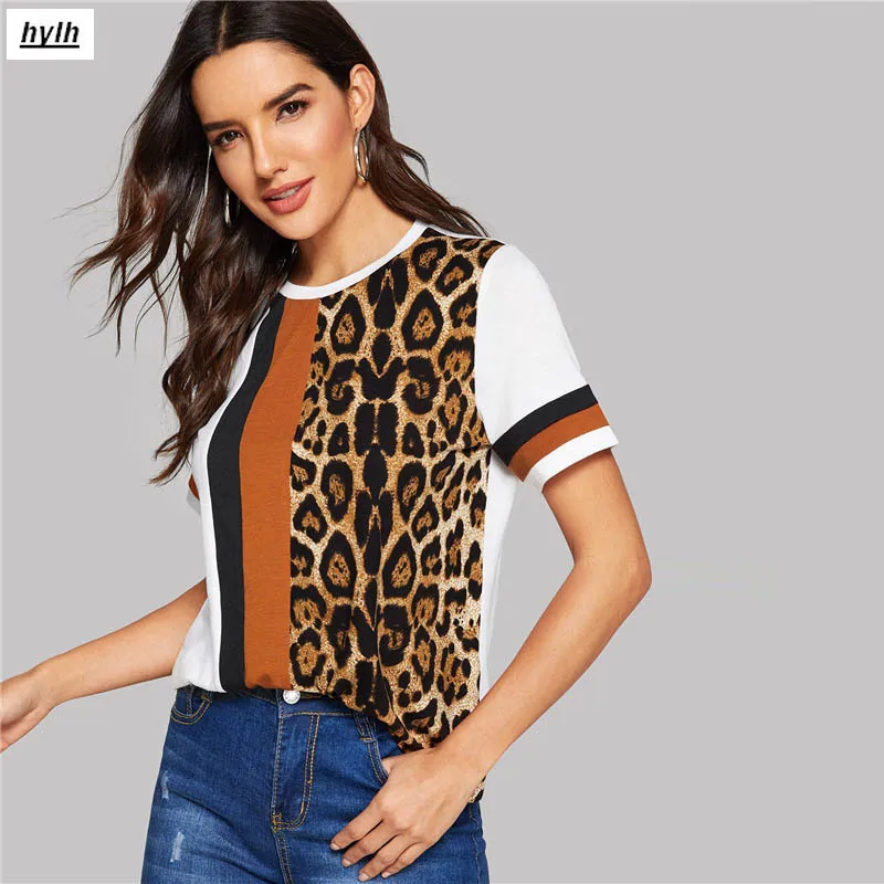 

2019 new style leopard grain T-shirt female attire short sleeve not assymetrical dye printing top
