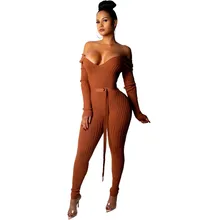 Sexy Off The Shoulder Ribbed Jumpsuit Women Winter Long Sleeve Bodysuit Skinny Knit Jumpsuit Club Wear Party Bodycon Jumpsuit