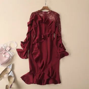 

European and American women's fashion 2019 spring new style Fashion flared sleeve Bud silk ruffled fishtail dress