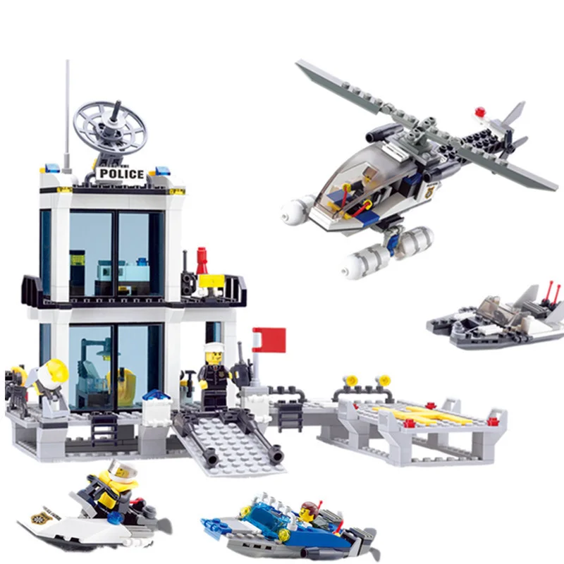 

536pcs Police Station Building Blocks Helicopter Boat Model Bricks Education Toys Compatible all brand brinquedos Kids Gifts