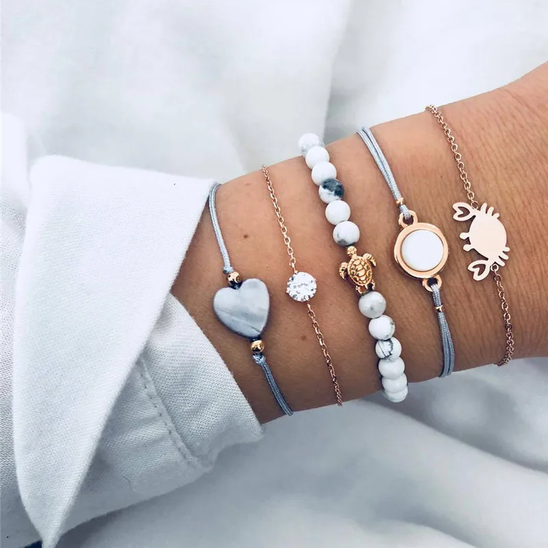 

Modyle 5pcs/set Bohemian Beads Charm Bracelets Set Gold Color Crab Turtle Heart Bracelets Bangles For Women Jewelry